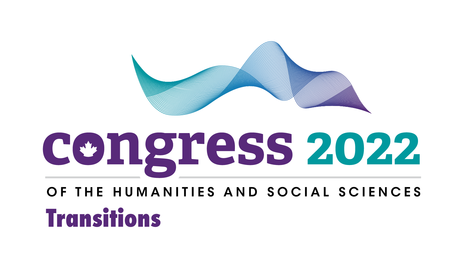 A teal, blue and purple wave pattern make up the Congress 2022 logo, with English text reading “Congress 2022 of the Humanities and Social Sciences”. The theme name reading “Transitions” sits at the bottom of the logo.