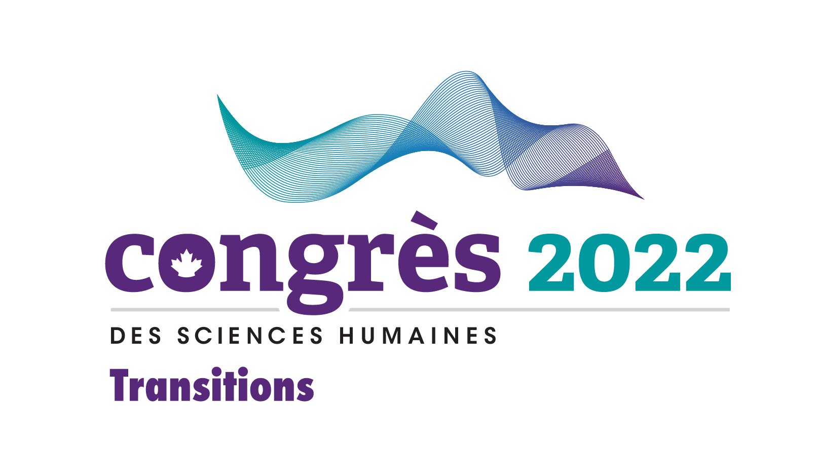 Une forme de vague bleue sarcelle, bleue et violette constitue le logo du Congrès 2022, avec le texte en français « Congrès 2022 des sciences humaines ». Le nom du thème « Transitions » se trouve sous le logo.