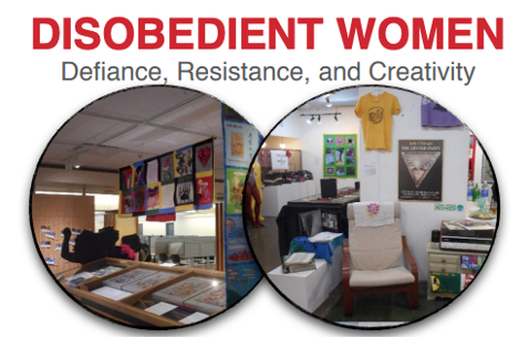 The image is titled “Disobedient Women: Defiance, Resistance, and Creativity” and the images depict two classrooms with various pieces of art on display. L’image est intitulée « Disobedient Women: Defiance, Resistance, and Creativity » et les images représentent deux salles de classe où sont exposées diverses œuvres d’art.