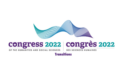 A teal, blue and purple wave pattern make up the Congress 2022 logo, with English text reading “Congress 2022 of the Humanities and Social Sciences” and French text reading “Congrès 2022 des sciences humaines”. The theme name reading “Transitions” sits at the bottom of the logo.| Une forme de vague bleue sarcelle, bleue et violette constitue le logo du Congrès 2022, avec le texte en anglais « Congress 2022 of the Humanities and Social Sciences » et le texte en français « Congrès 2022 des sciences humaines »