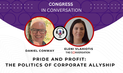 Headshot of Daniel Conway and Eleni Vlahiotis. Text reads: Pride and profit: The politics of corporate allyship