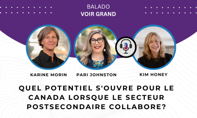 Photo de Karine Morin, Pari Johnson et Kim Honey. Le texte lit : "Quel potentiel s'ouvre pour le Canada lorsque le secteur postsecondaire collabore?"