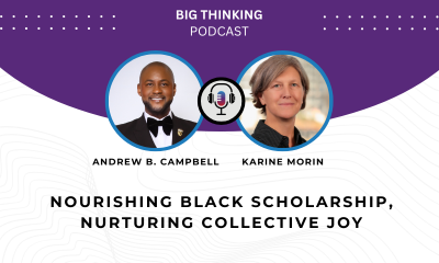 Headshot of Andrew Campbell and Karine Morin. Text reads: Nourishing Black scholarship, nurturing collective joy