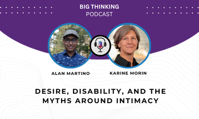 Headshot of Alan Martino and Karine Morin. Text reads: Desire, disability, and the myths around intimacy